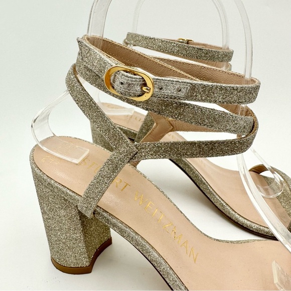 Stuart Weitzman Merinda Ankle-Wrap Block Heel Sandals Gold Glitter - Picture 2 of 11